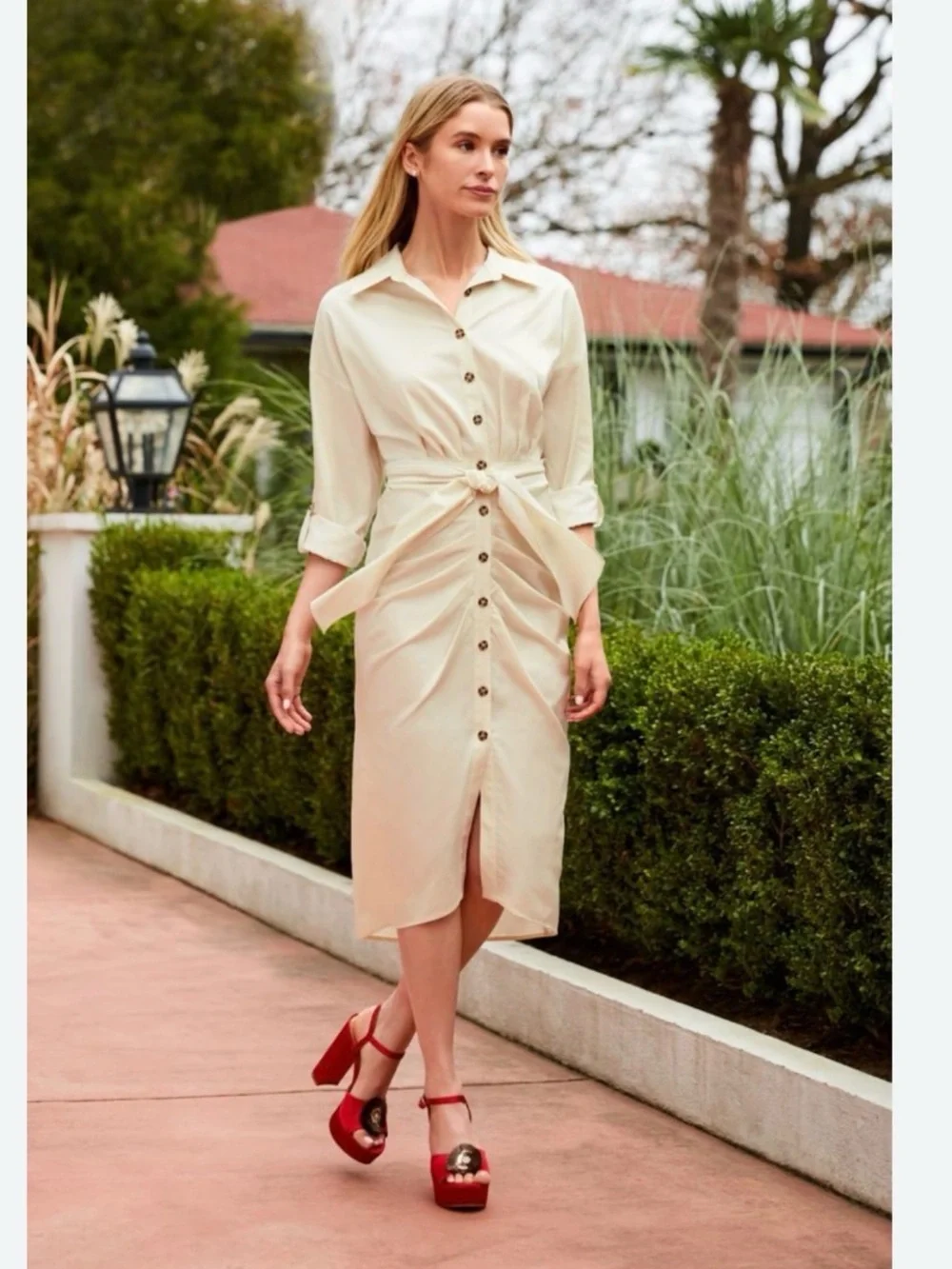 Antonio Melani Beige Ruched Button Down Belted Roxanne MIDI Dress Size 4 Small